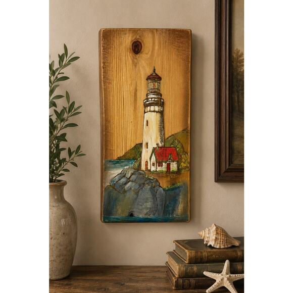 Live Edge Gifts Other - Live Edge Gifts Lighthouse Wood Wall Art Coastal Nautical Hand Painted Plaque